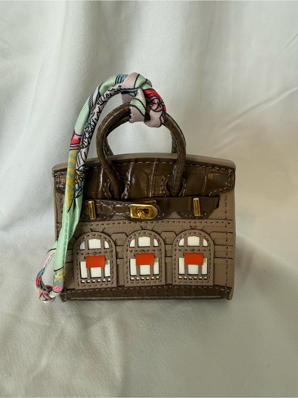 Designer Inspired Taupe Mini Leather Handbag with Orange Window Accents